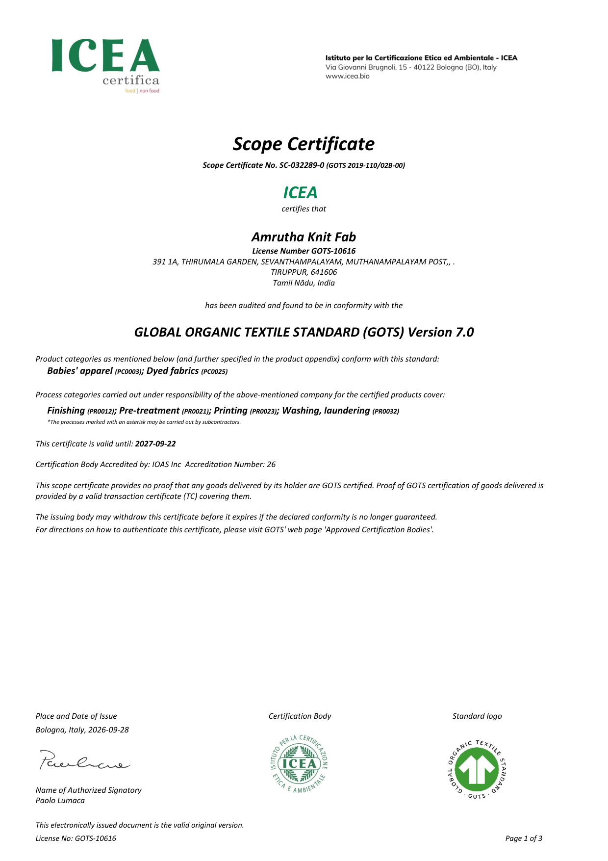 Amrutha Knit Fab GOTS Scope Certificate