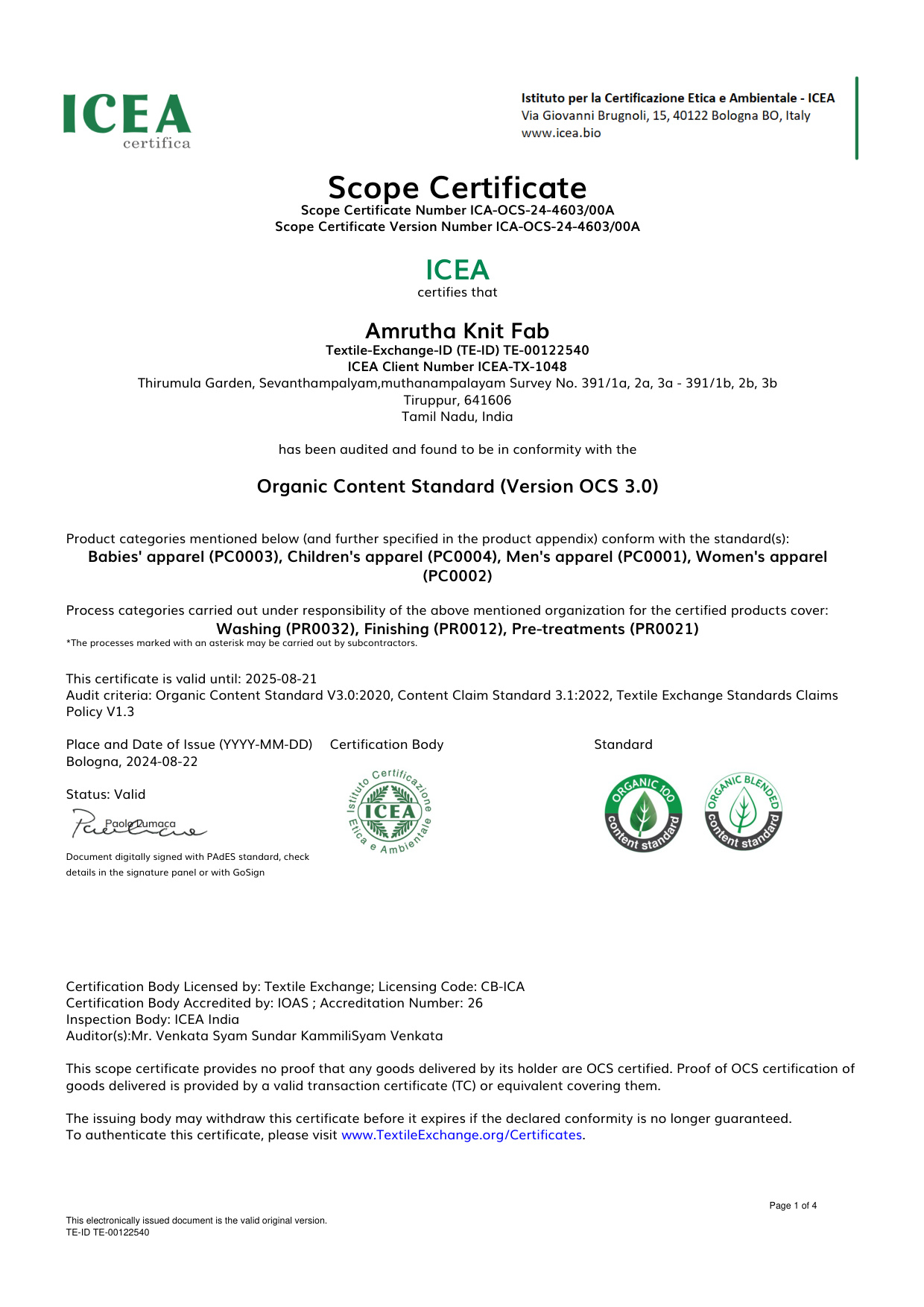Amrutha Knit Fab OCS Scope Certificate