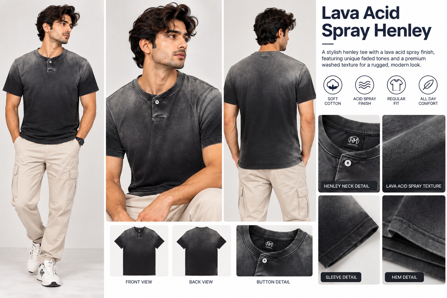 Lava Dyeing Acid Wash Spray Henley Lookbook
